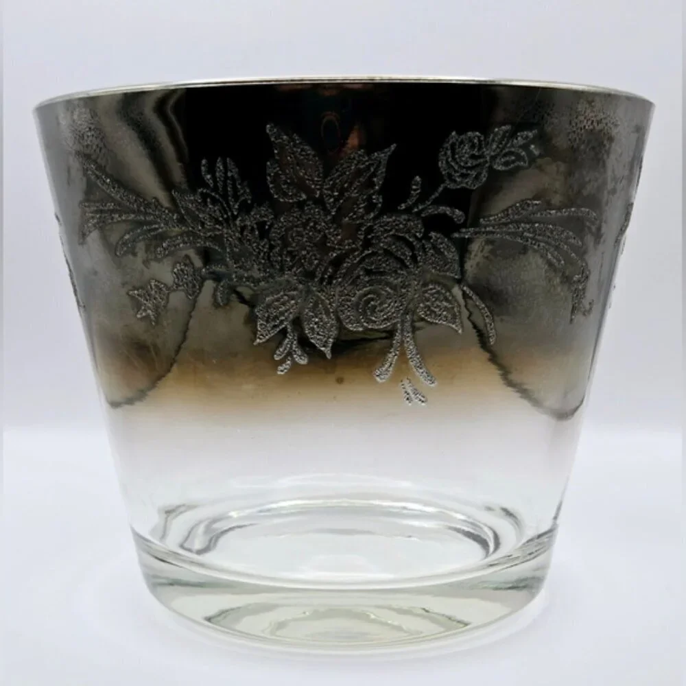 Mid Century Glass Ice Bucket With Silver Rim that Ombre Fades & Silver